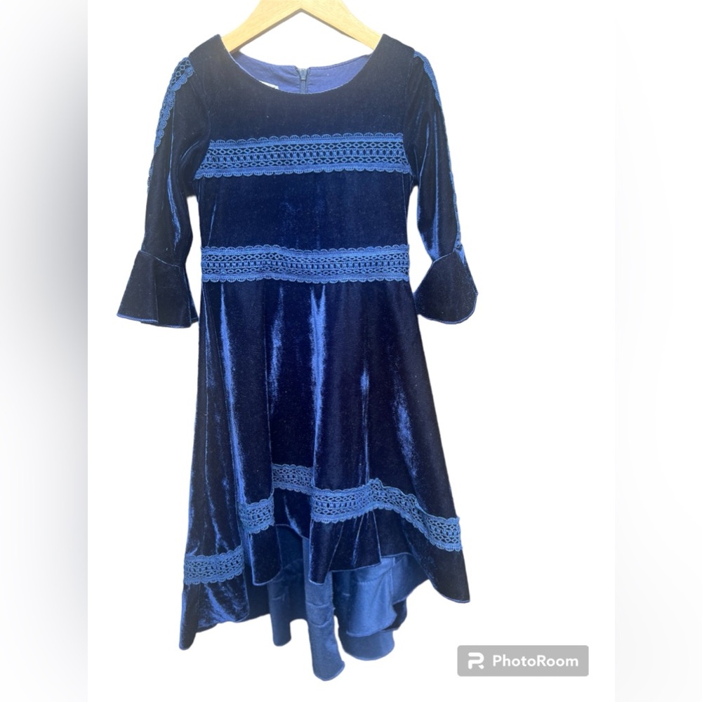 COPY - Trish Scully Child Navy Velvet Lace Inset Lily Hi-low Dress